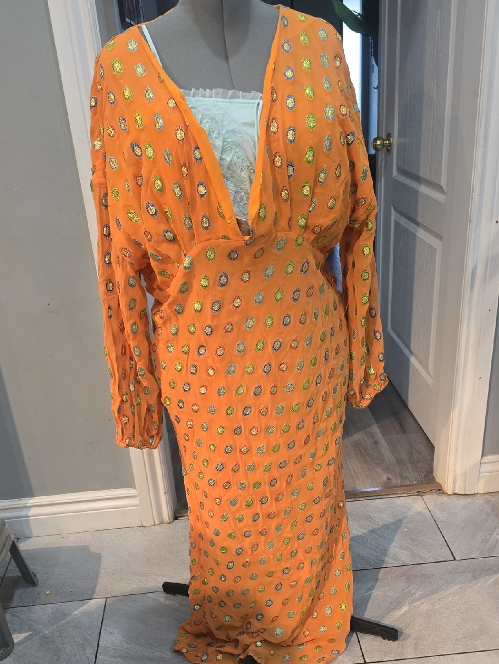 Never Fully Dressed Orange Long Sleeve Embellished Maxi Dress